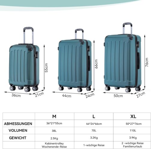 BEIBYE Twin Wheels Hard Case Travel Suitcase Trolleys Hard Shell in XL-L-M in 20 Colours, dark green – Bild 6