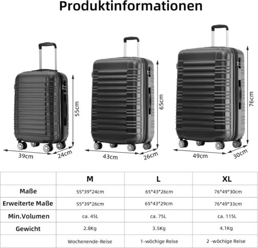 BEIBYE Hard Shell Suitcase, Trolley Suitcase, Travel Suitcase, Twin Wheels Suitcase Set, Schwaz – Bild 7