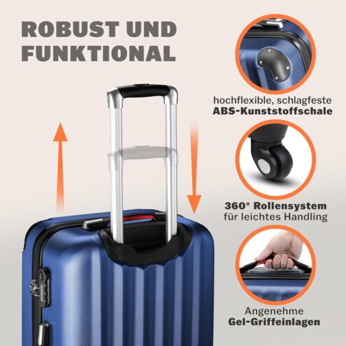 Monzana® 3-Piece Suitcase Set Baseline Hard Shell Suitcase M-L-XL Gel Handles 4 Wheels Edge Protection Lock Feet ABS Trolley Trolley Travel Suitcase Set, blue, Suitcase – Bild 4