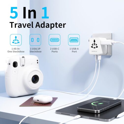 25 W Travel Adapter Worldwide, 5 in 1 Universal Adapter with USB A, USB C, 1 Worldwide Socket and US/JP Socket, Travel Plug International Socket Adapter for EU USA UK Canada Japan Australia – Bild 2