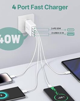 40 W USB C Charger, 4 Port PD+QC Quick Power Supply, Multiple Charging Plug Adapter Compatible with iPhone 12/13/14/15/Pro Max/Samsung/Google/Mobile Phone/Tablet (White)