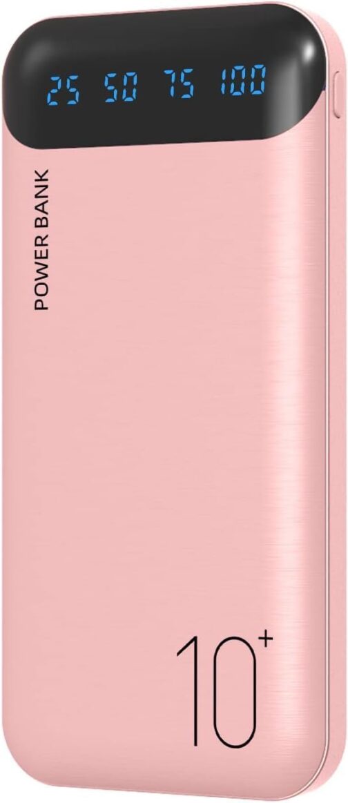 Power Bank 10000 mAh Mobile Phone Portable Charger External Battery Pack with 2 USB 2.4A Outputs and USB C Input Compatible with Huawei iPhone 12 11 X iPad Samsung S20 Android Tablet (Pink, Large)