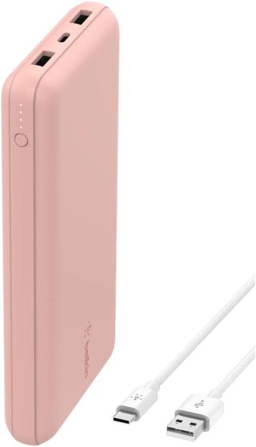 Belkin Portable USB C Charger, 20,000mAh, 20K Power Bank with USB-C Input/Output and 2 USB-A Ports with USB-C/USB-A Cable for iPhone, Galaxy, Pixel, iPad, AirPods and Other Devices - Rose Gold