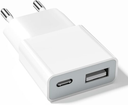 USB Charger 5W Slim Charging Plug Power Supply 5V 1A 2Port USB C+ USB A Power Plug Adapter, Socket Adapter for iPhone, eBook Reader, Xperia, MP3, Smartphone (White) (Thickness 1.45 cm/1 Pack)