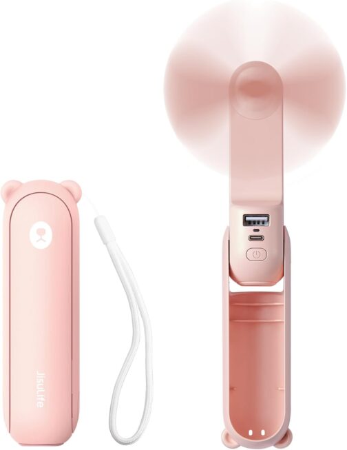 JISULIFE Mini Handheld Fan, 3 in 1 Handheld Fan, Rechargeable USB [12-19 Working Hours] with Power Bank, Flashlight, Portable Fan for Travel/Summer, Gifts for Women, Pink