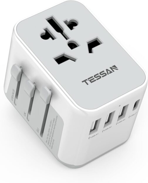 TESSAN Travel Adapter Worldwide, Universal Travel Plug with 3 USB A and 1 USB C, International Socket Adapter, Universal Adapter for England, USA, Japan, Thailand, Australia, Travel Adapter