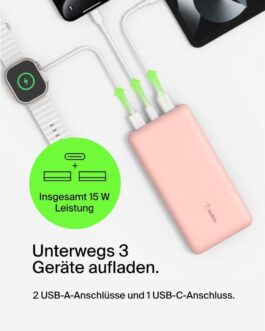 Belkin Portable USB C Charger, 20,000mAh, 20K Power Bank with USB-C Input/Output and 2 USB-A Ports with USB-C/USB-A Cable for iPhone, Galaxy, Pixel, iPad, AirPods and Other Devices – Rose Gold
