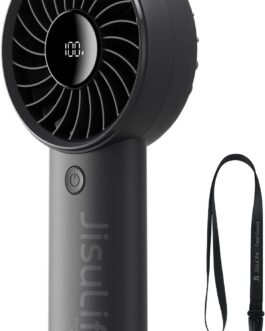 JISULIFE Handheld Fan, 5000 mAh Battery, Improved Portable Fan with Strong Wind, USB Rechargeable Mini Handheld Fan with Digital Display, Ideal for Travel/Beach/School (Black)