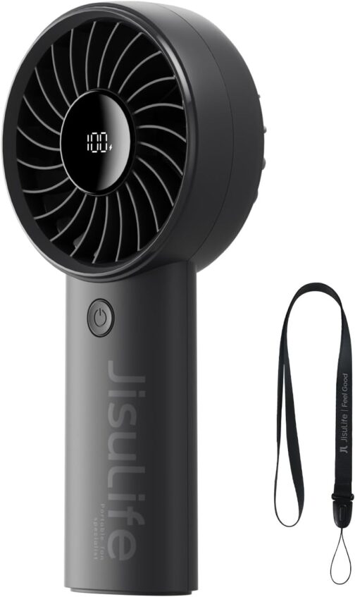 JISULIFE Handheld Fan, 5000 mAh Battery, Improved Portable Fan with Strong Wind, USB Rechargeable Mini Handheld Fan with Digital Display, Ideal for Travel/Beach/School (Black)