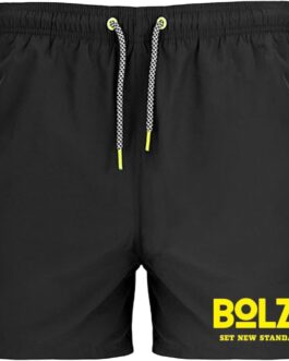 Bolzr Mens Swim Shorts Black Neon Yellow Print Quick Dry Elastic Waist Drawstring Side Pockets