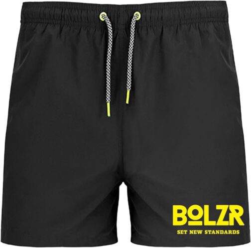 Bolzr Mens Swim Shorts Black Neon Yellow Print Quick Dry Elastic Waist Drawstring Side Pockets – Bild 2