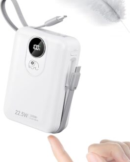 20000 mAh Power Bank with Integrated Cable: 22.5 W Fast Charging External Battery for Mobile Phone, USB C (Input & Output) Battery Pack, Power Bank with 4 Outputs & 2 Inputs 20000 mAh Power Bank
