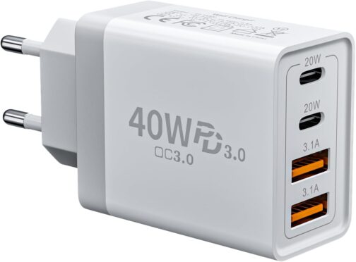 USB C Ladegerät, 40W 4-Ports Mehrfach Ladegerät mit USB-C und USB A, Schnellladegerät PD 3.0 Power Adapter USB Netzteil Stecker für iPhone 16/15/14/13/12/11/Pro Max/XS/XR, iPad Samsung Galaxy S25