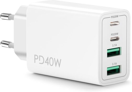 USB C Charger, 40 W 4 Ports Multiple Charger with USB-C and USB-A, PD Power Adapter Quick Charger USB Power Supply for iPhone 16 15 14 13 12 11 Pro Max SE 8, iPad, Pixel, Mobile Phone Plug Charger