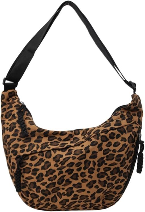 Women's Half Moon Shoulder Bag, Hobo Bag, Nylon Crossbody Bag, Women's Multiple Pockets, Shoulder Bag with Adjustable Shoulder Strap, Leopard/Solid Colour, Large Capacity for Travel, Work, Uni