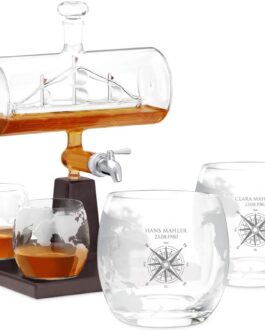 Murrano Whisky Carafe With Ship Engraving and Stainless Steel Tap, 1000 ml, Set of 4 Whisky Glasses, Whisky Decanter, Personalised
