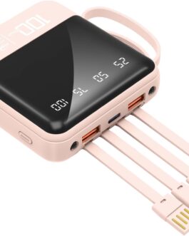 Portable 10000mAh Mobile Phone Charger with Built-in Cables and Torch, External Power Bank Battery, Compatible with iPhone, Samsung, Google, LG, iPads and More (Pink)