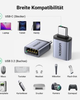 UGREEN Adapter USB C to USB (Pack of 2) 10Gbps USB C Adapter to USB 3.2 Female Mobile Phone OTG Adapter Thunderbolt 4/3 to USB Compatible with iPhone16 15 Series MacBook Pro M4 Mac Mini Galaxy S24