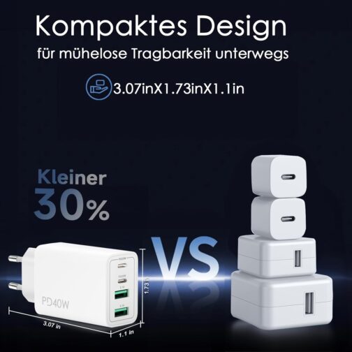 USB C Charger, 40 W 4 Ports Multiple Charger with USB-C and USB-A, PD Power Adapter Quick Charger USB Power Supply for iPhone 16 15 14 13 12 11 Pro Max SE 8, iPad, Pixel, Mobile Phone Plug Charger – Bild 5