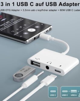 Uniytriox 3 in 1 USB C to USB Adapter with USBC to Jack and 60W PD Fast Charger, for iPhone 15/16, Pad, Galaxy, Laptops and Other Type-C Devices, Type C to Jack Aux Audio Headphone Adapter