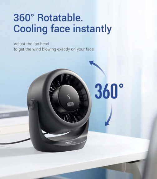 Diveblues USB Turbo Table Fan, Ultra Quiet Mini Fan, Powerful Wind, LED Display, 5 Speeds, 360° Rotation, Portable Fan for Home, Office & Outdoor - TurboBreeze – Bild 6