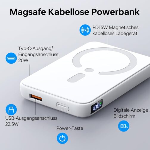 Power Bank for Magsafe, Eissix 12000 mAh Wireless Power Bank, PD 22.5 W USB-A Output, Wireless Portable Charger with Type-C Input and Output, LED Display for iPhone 16/15/14/13/12/Pro/Pro Max Ser – Bild 7
