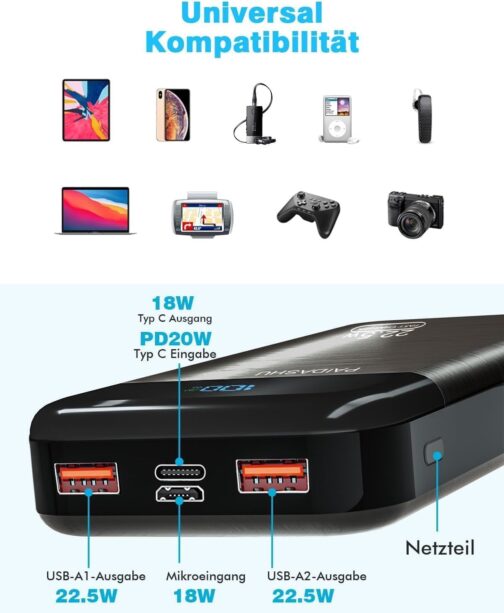 Power Bank 27,000mAh 22,5W Externer Handyakku PD20W Schnell Aufladende Powerbank USB C mit LCD Display Tragbares Ladegerät für Smartphone Tablets – Bild 3