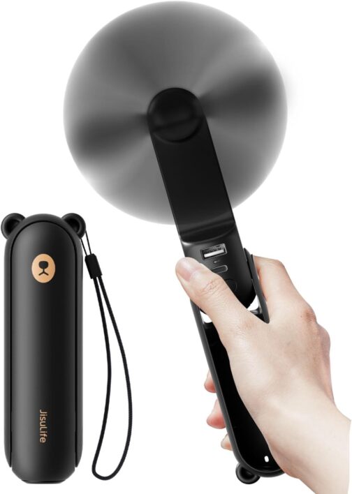 JISULIFE Handheld Mini Fan 3 in 1 with 4500 mAh Power Bank USB Battery Small Battery Operated Max 37 Hours Runtime Portable Fan Torches Function Black