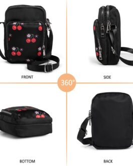 Women’s Girls Small Shoulder Bag Fabric Bag Mobile Phone Case for Hanging with Cute Pattern, 3 Compartments and Long Strap, Black with cherry, Minimal