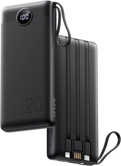 VRURC Powerbank 20000 mAh with Cable USB C Power Bank Fast Charging 22.5 W Portable Charger Fast Charging with LED Display External Mobile Phone Batteries Compatible with iPhone, Huawei, Samsung etc