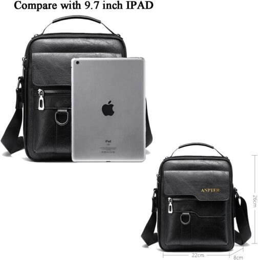 ANPTER Shoulder Bag, PU Leather, Men's Shoulder Bag, Side Bag, Crossbody Vintage Shoulder Bags, Mobile Phone Bag, Messenger Bag, Shoulder Bag, Black Shoulder Bags, M, Retro – Bild 4