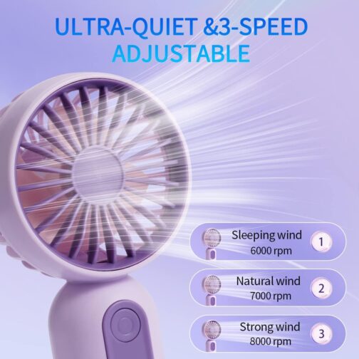 3 Pack Hand Fan Mini Fan Small USB Hand Mini Portable Fan Small Portable Hand Fans Battery Rechargeable Battery Operated with 3 Speeds for Girls Women Men – Bild 2