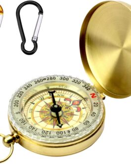 1 Piece Golden Compass Pocket Watch with 2 Pieces Carabiners (Black and Orange) Outdoor Direction Compass Pure Copper Luminous Compass Pocket Watch for Mountaineering and Other Activities