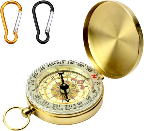 1 Piece Golden Compass Pocket Watch with 2 Pieces Carabiners (Black and Orange) Outdoor Direction Compass Pure Copper Luminous Compass Pocket Watch for Mountaineering and Other Activities