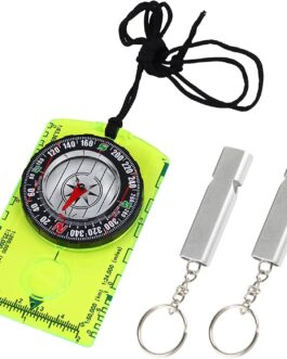 1 Piece Fluorescent Green Compass and 2 Pieces Silver Whistle Outdoor Accessories Hiking Compass Mini Compass Camping Gear Kids Compass Portable Compass