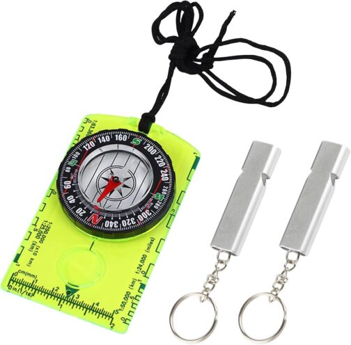 1 Piece Fluorescent Green Compass and 2 Pieces Silver Whistle Outdoor Accessories Hiking Compass Mini Compass Camping Gear Kids Compass Portable Compass