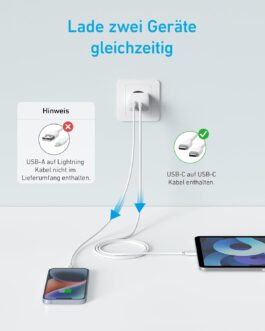 Anker 20 W USB C Charger, iPad Power Supply, USB Fast Charging Power Supply, iPad Charger, Compatible with iPhone 16/15/iPhone 15 Plus/iPhone 15 Pro/iPhone 15 Pro Max/iPad and More (with 150 cm USB-C