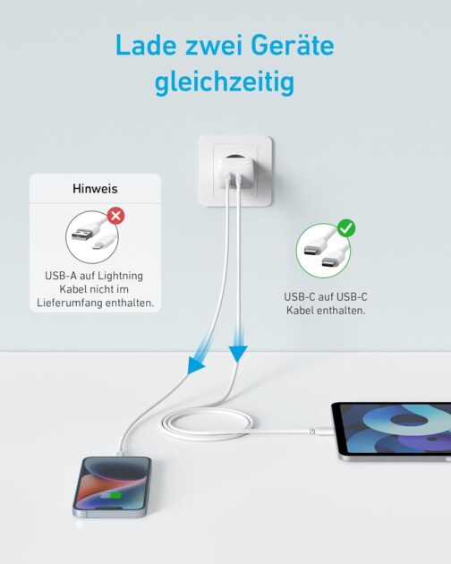 Anker 20 W USB C Charger, iPad Power Supply, USB Fast Charging Power Supply, iPad Charger, Compatible with iPhone 16/15/iPhone 15 Plus/iPhone 15 Pro/iPhone 15 Pro Max/iPad and More (with 150 cm USB-C – Bild 2