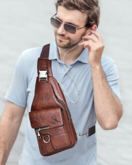 Hjkiopc Sling Bag for Men, Leather Chest Bag, Waterproof Shoulder Bags, Casual Lightweight Bag, Mobile Phone Bag, Crossbody Bag for Hiking, Cycling, Camping, dark brown
