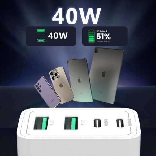 USB C Charger, 40 W 4 Ports Multiple Charger with USB-C and USB-A, PD Power Adapter Quick Charger USB Power Supply for iPhone 16 15 14 13 12 11 Pro Max SE 8, iPad, Pixel, Mobile Phone Plug Charger – Bild 3