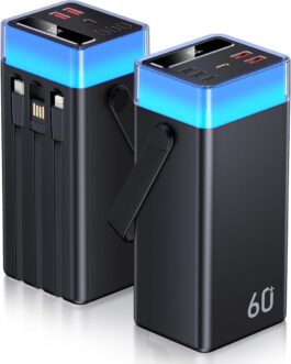 CUZAR Power Bank 60000 mAh 22.5 W Fast Charger Portable Charger with Integrated Cables for iPhone 16/15/14/13, Xiaomi, Travel, Camping, Outdoor ​
