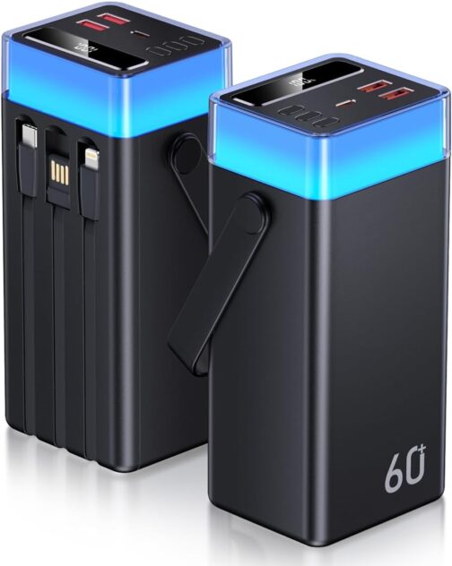 CUZAR Power Bank 60000 mAh 22.5 W Fast Charger Portable Charger with Integrated Cables for iPhone 16/15/14/13, Xiaomi, Travel, Camping, Outdoor ​