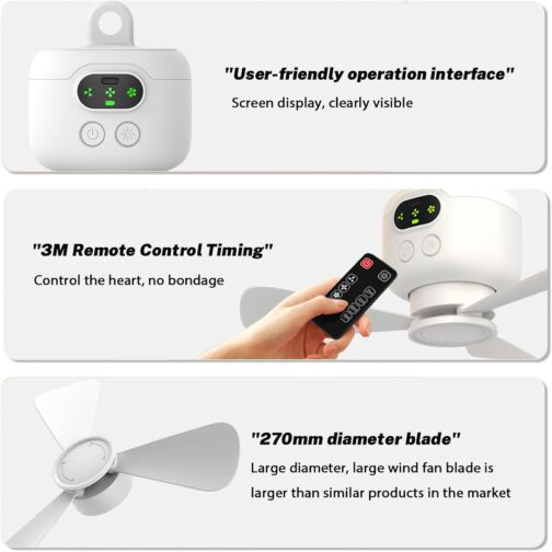 Kouamor Ceiling Fan Rechargeable 4W USB 3 Speed Camping Small Ceiling Fan USB Mini Ceiling Fan Ceiling Fans with Night Lights and Remote Control for Tent – Bild 2