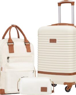 COOLIFE Suitcase Trolley Suitcase Travel Suitcase from ABS Hard Shell Trolley 4 Wheels TSA Lock The Suitcase Includes 1 Travel Backpack and 1 Toiletry Bag, white/brown, Exquisite Casual Travel Set