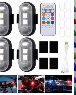 Mineup Pack of 4 Wireless LED Lights, 8 Coloured Strobe Drone Light, Remote Control Flash Light with Remote Control, USB Charging, Anti-Collision Lights, LED Aeroplane Flash Light for Drone Motorcycle
