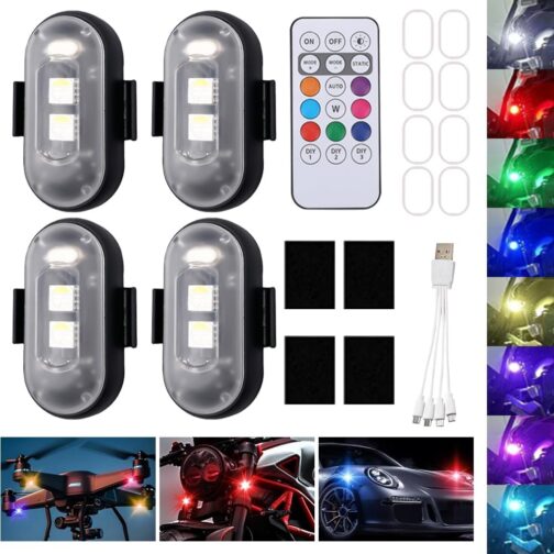 Mineup Pack of 4 Wireless LED Lights, 8 Coloured Strobe Drone Light, Remote Control Flash Light with Remote Control, USB Charging, Anti-Collision Lights, LED Aeroplane Flash Light for Drone Motorcycle