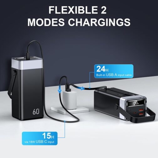CUZAR Power Bank 60000 mAh 22.5 W Fast Charger Portable Charger with Integrated Cables for iPhone 16/15/14/13, Xiaomi, Travel, Camping, Outdoor ​ – Bild 6