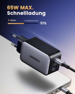 UGREEN 65 W USB C 3-Port Charger, USB C Power Adapter, PD Charger, Supports PPS GaN II, 20 W, Compatible with MacBook Pro, MacBook Air, iPhone 13 Pro, iPhone 12, iPad Pro, Dell XPS, Galaxy S22, S21