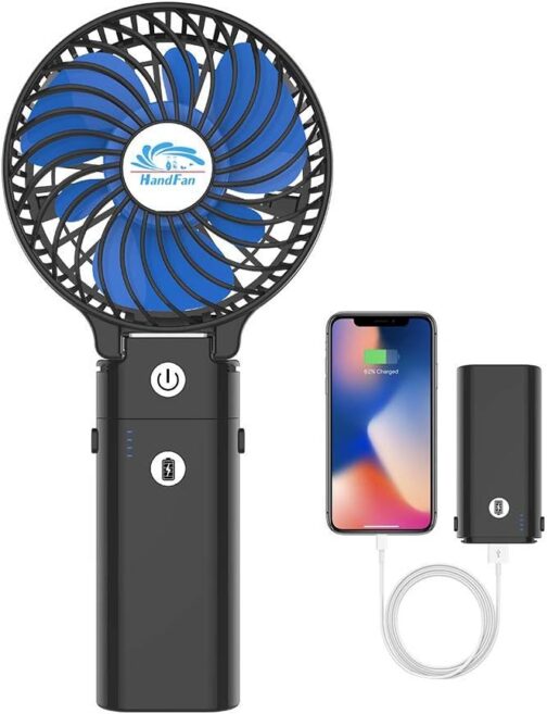 HandFan Portable Hand Fan, Folding Desktop USB Battery Fan with 5200mAh Power Bank Function, Mini Electric Personal Fan for Office/Home/Outdoor/Camping/Stroller