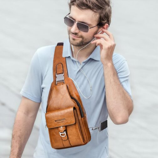 Hjkiopc Sling Bag for Men, Leather Chest Bag, Waterproof Shoulder Bags, Casual Lightweight Bag, Mobile Phone Bag, Crossbody Bag for Hiking, Cycling, Camping, Light brown 1, Retro – Bild 7